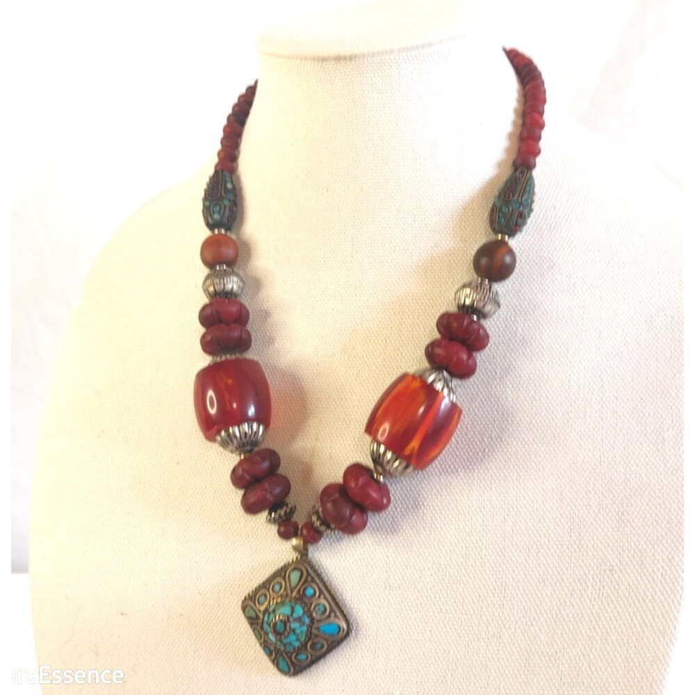 Vintage Tibetan Turquoise Red Gemstone Handmade Necklace 20" + pendant